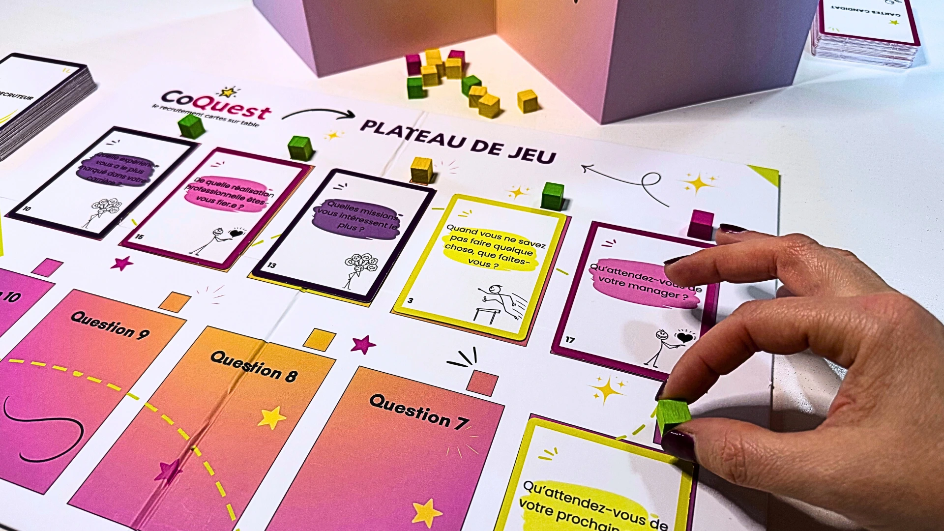 Recruter en s'amusant — cartes et plateau du jeu CoQuest