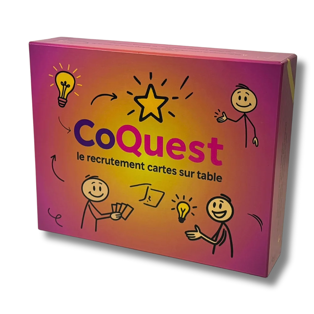 Boîte du jeu de recrutement CoQuest — le recrutement cartes sur table
